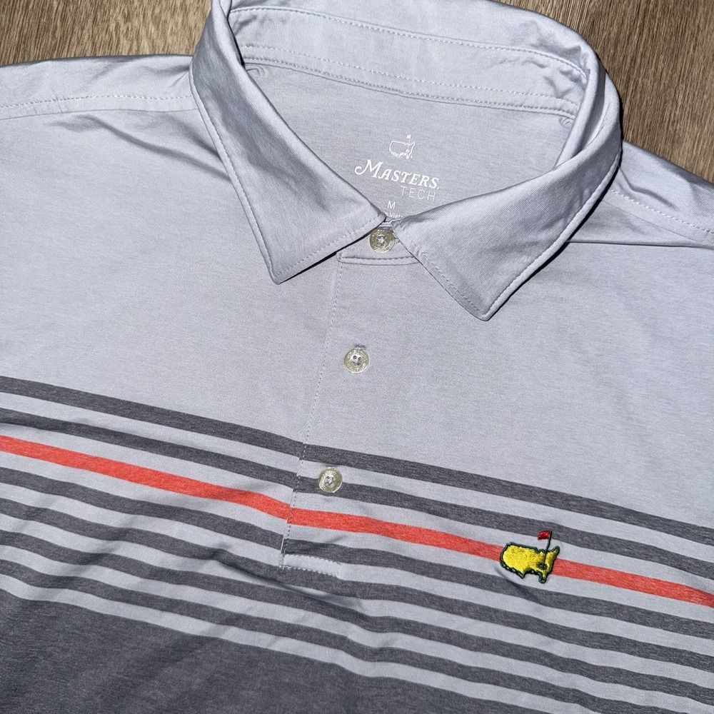 Masters Tech Polo Men's Medium Grey Red Striped Short Sleeve Performance